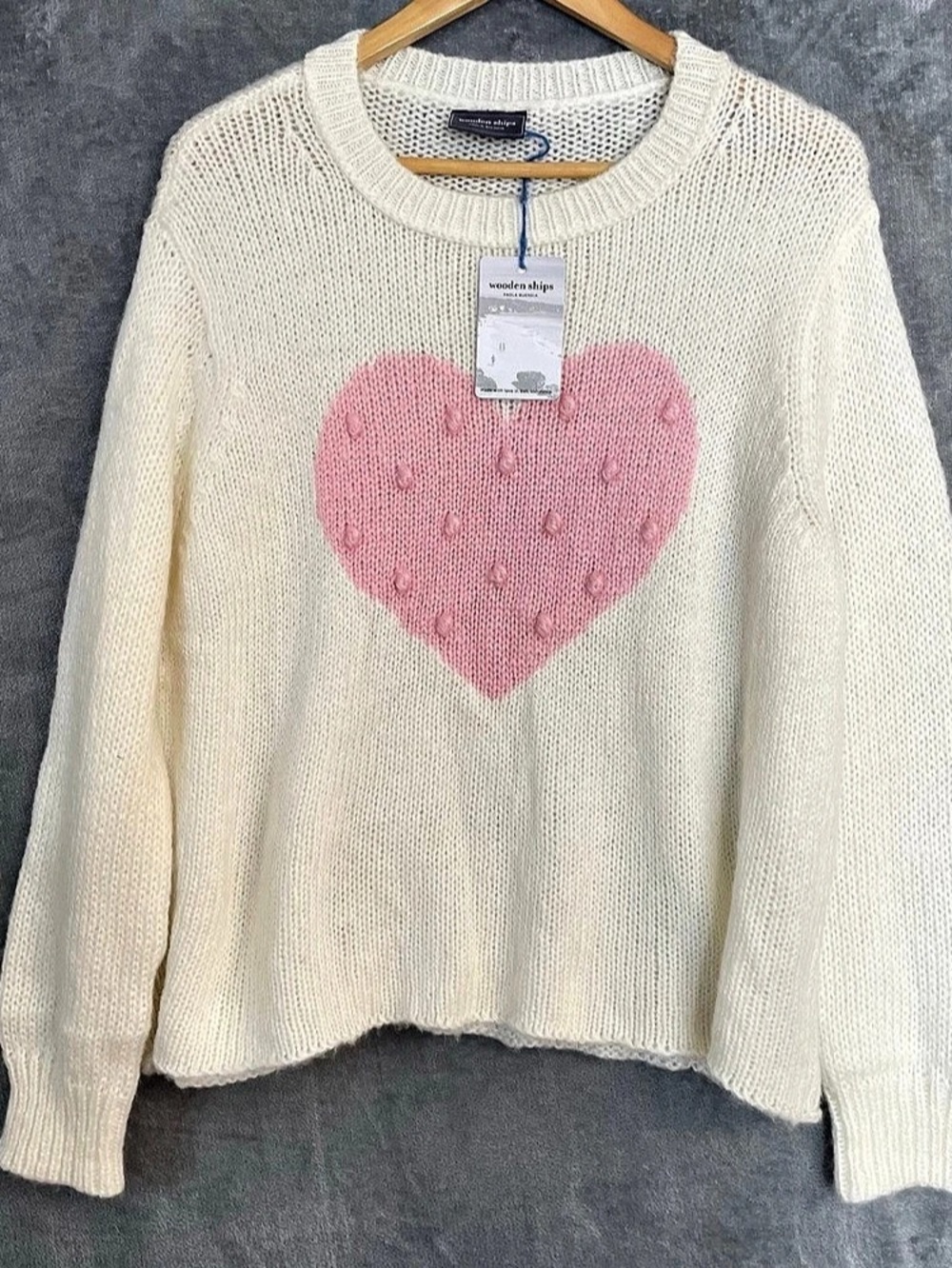 Wooden Ships Heart Popcorn Crew Cream & Pink Mohair Blend Sweater NWT